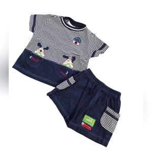 Vintage Y2k Buster Brown Striped Navy Blue 2pc Shorts/shirt Outfit